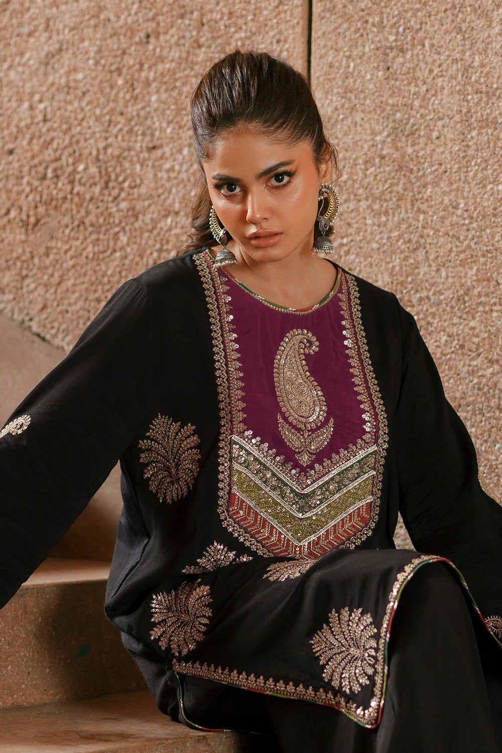 2pcs Ethnic Black Jamni Silk