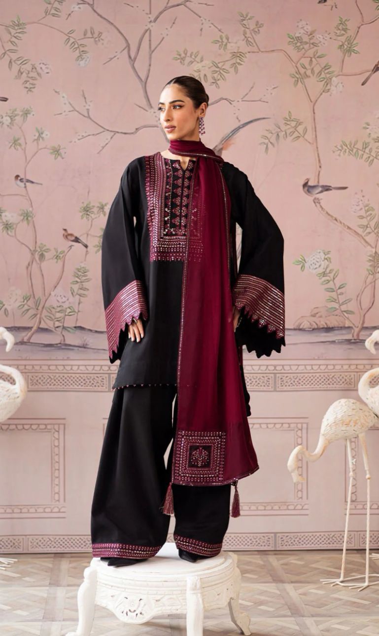 3pcs Vaniya Black Embroidered dhanak