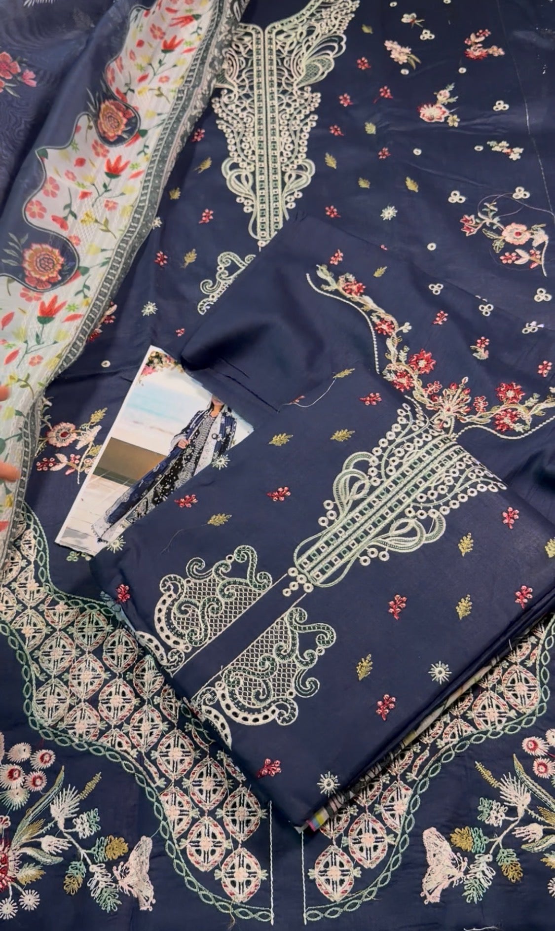 3pcs Qalamkar Blue Gown Style Emb lawn
