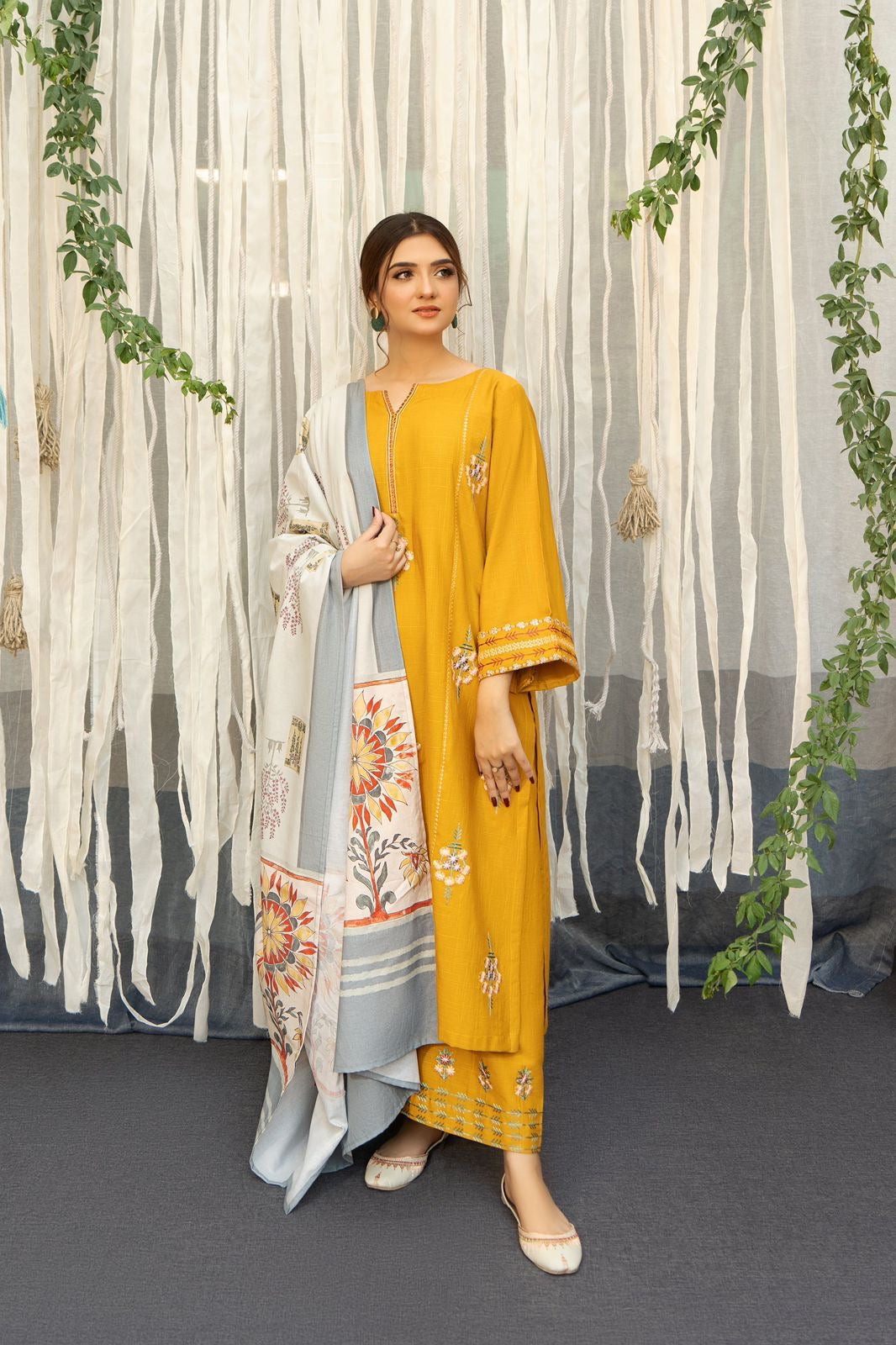 3pcs Dhanak Asling yellow Embroidered