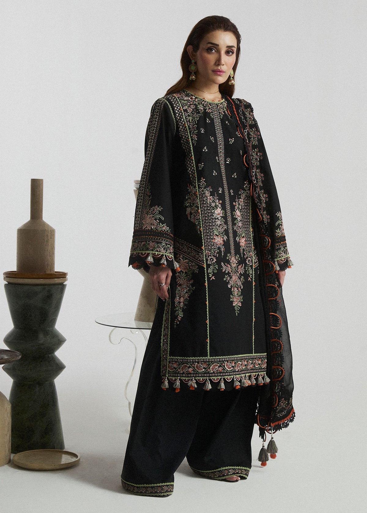 3pcs Hussain Rehar Black Embroidery 3panels