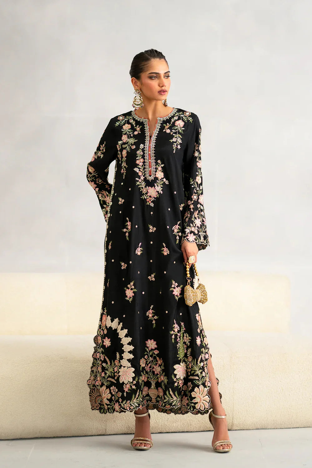2pcs Silk Long Kaftan Black Embroidered