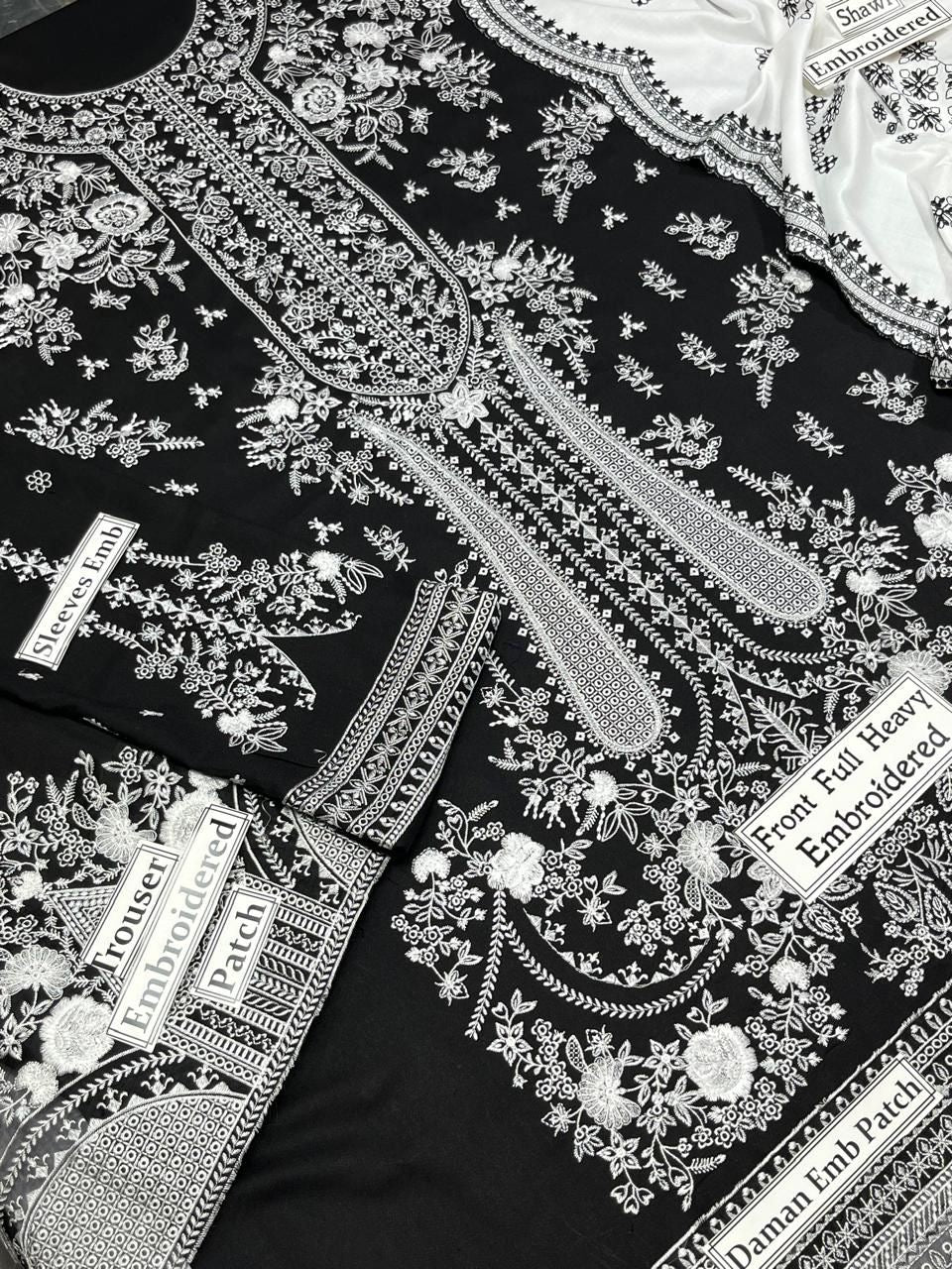 3pcs Qalamkar white Black embroidered Dhanak