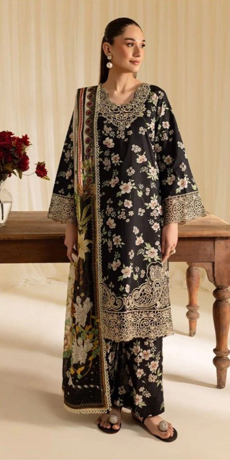 3pcs Mahnur Black Print Lawn