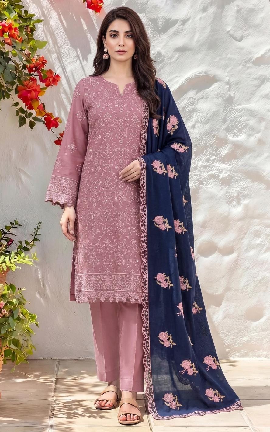 3pcs Dhanak Zainab Chothani Tea Pink + Blue Dupata