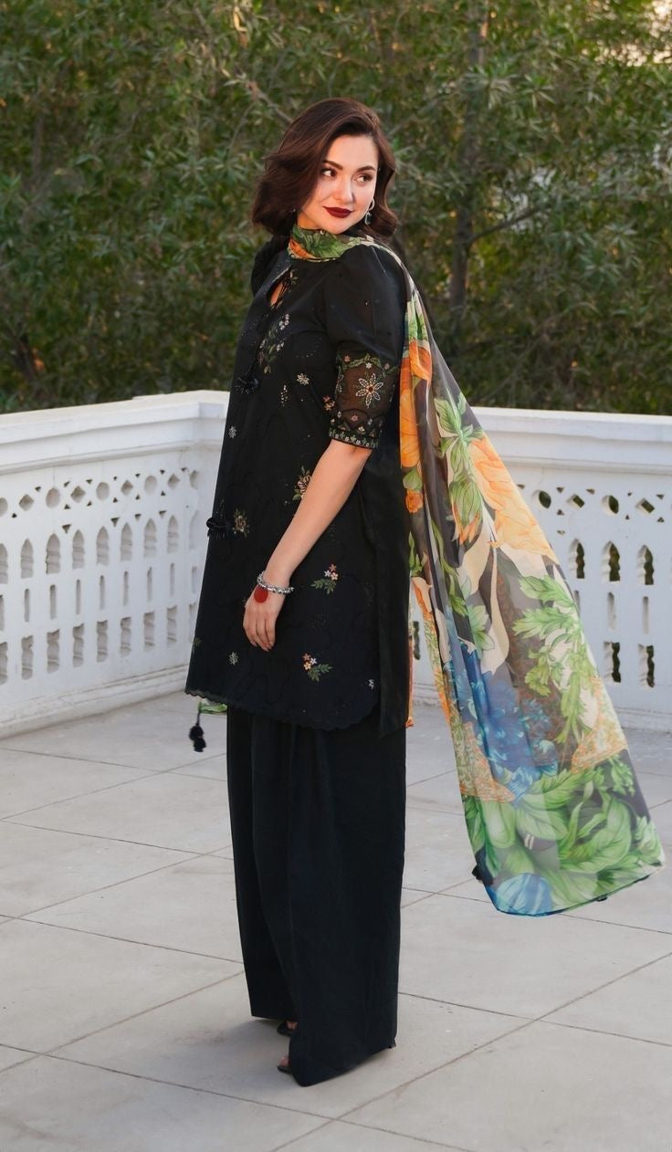 3pcs Black hania Dhanak Embroidered
