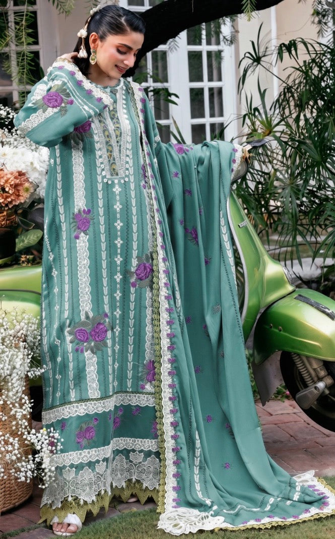 3pcs Aneelas Sea Green Lines Embroidered Saboor Ali