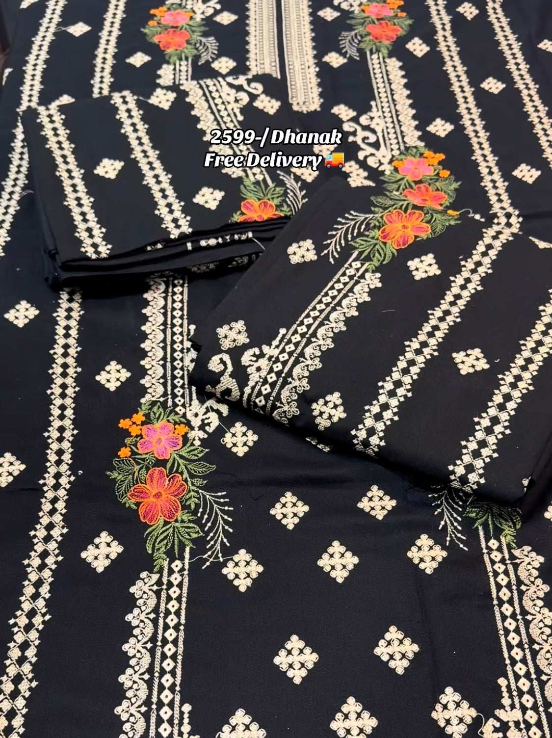 2pcs Black Dhanak Long Embroidered Skin Lines QA