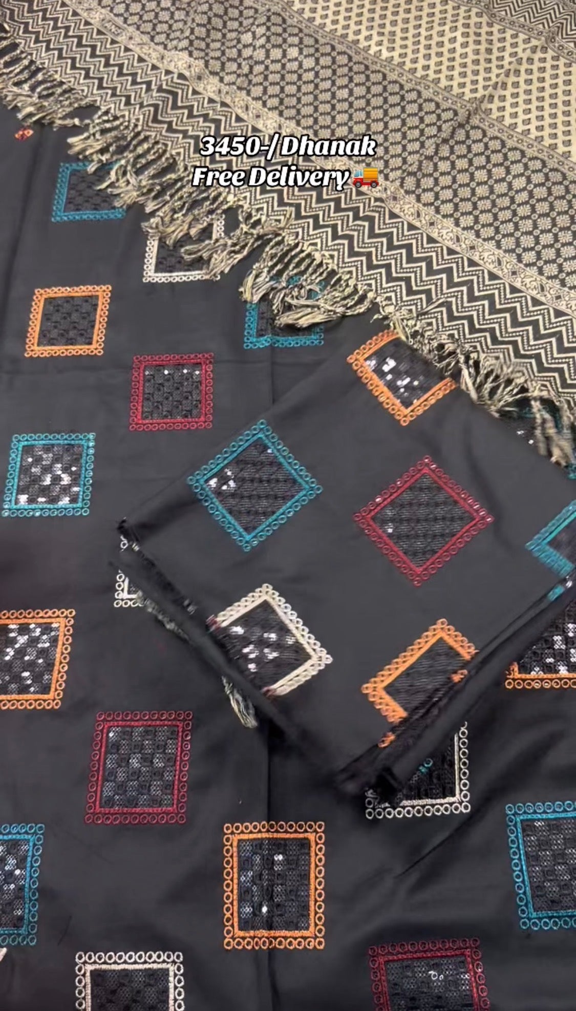 3pcs Black Box Dhanak With Kashmiri shawl