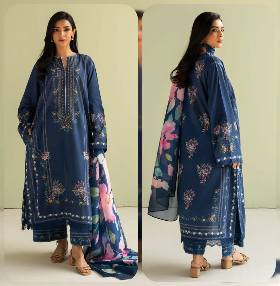3pcs zara shahjhan lawn front back embroidered