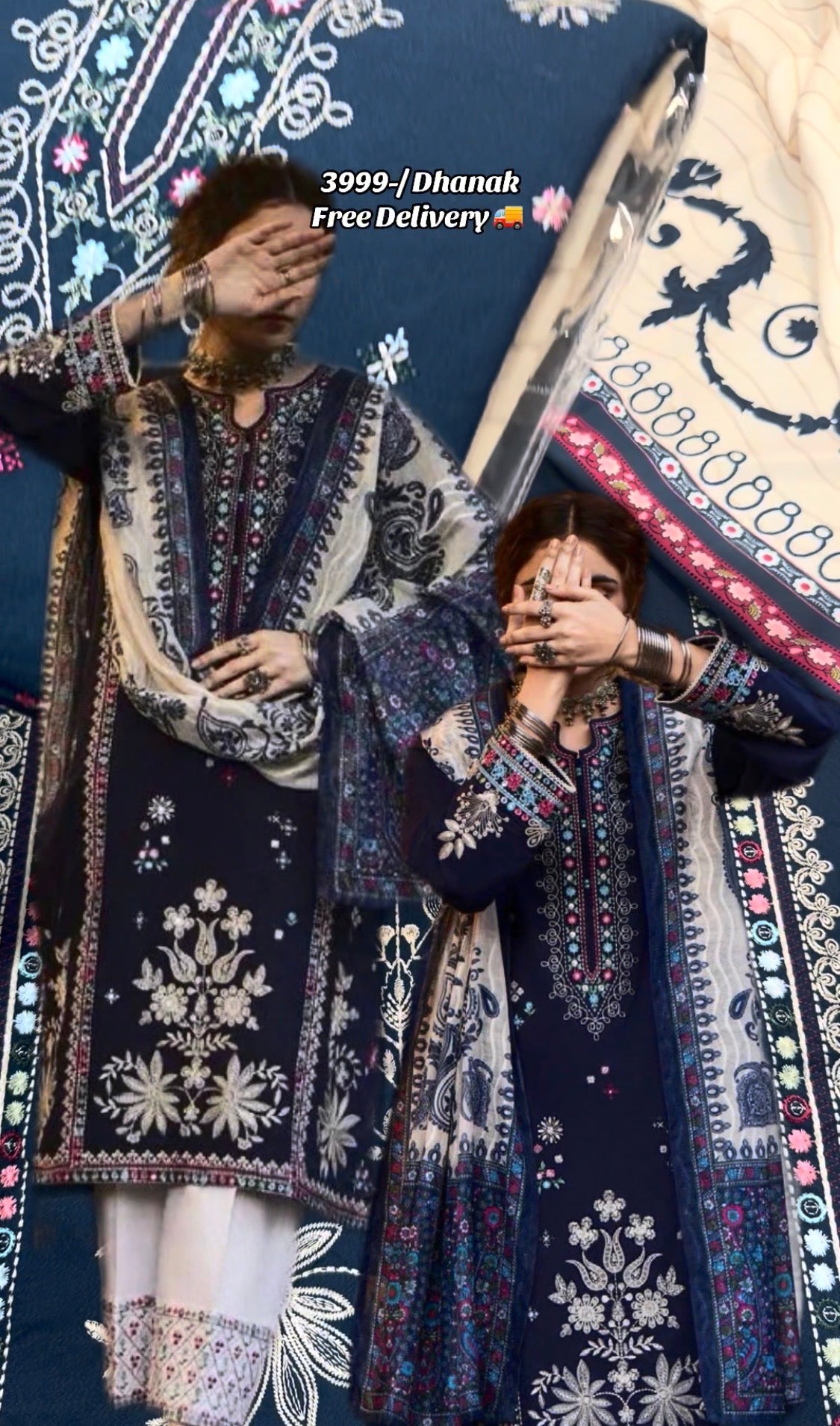3pcs Batik Royal Blue Hidden Face Embroidered Dhanak
