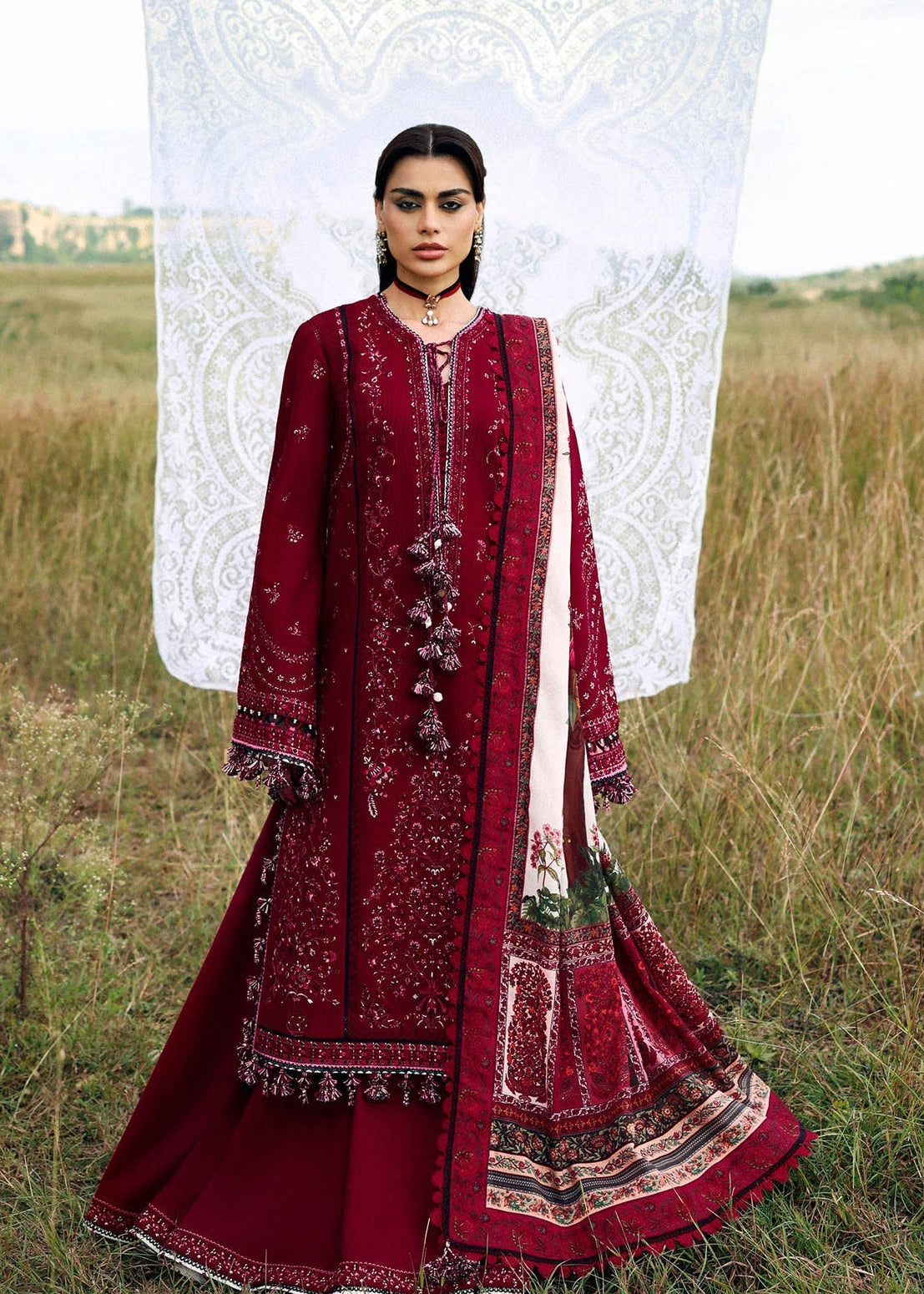 3pcs Dhanak Hussain Rehar Mehroon Latest Embroidered