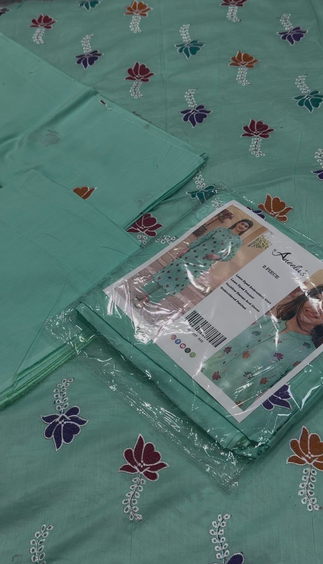 2pcs Sea Green Multi Embroidery lawn