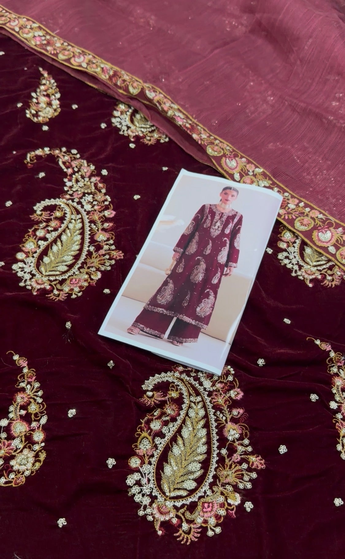 3pcs Velvet Ethnic Keri Mehroon Embroidered