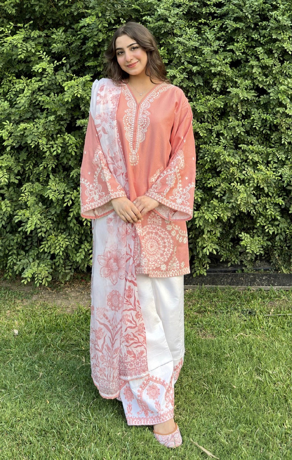 3pcs Mohagni Peach Dhanak With Embroidered Farshi Shalwar