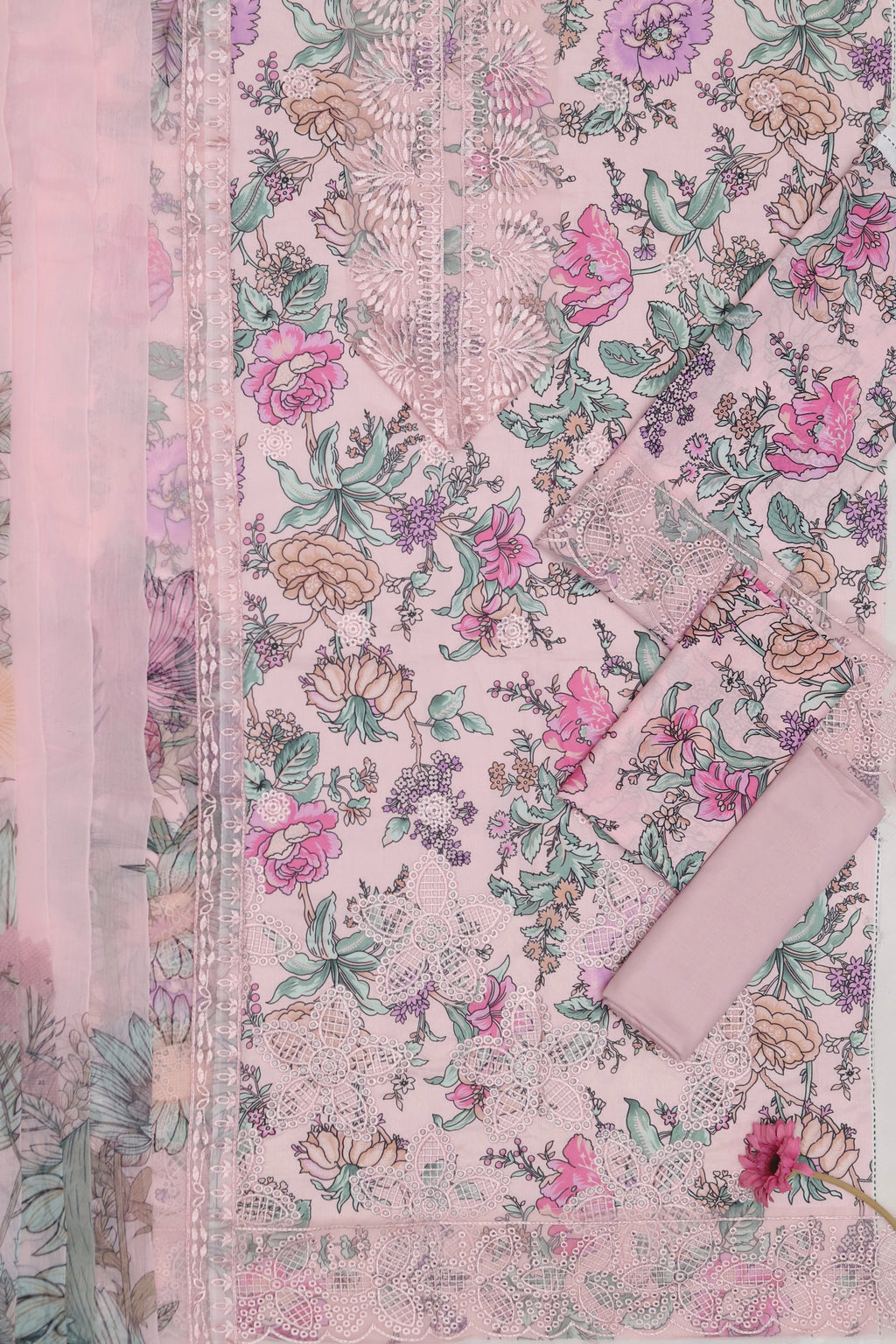 3pcs Cute Pink Emb lawn