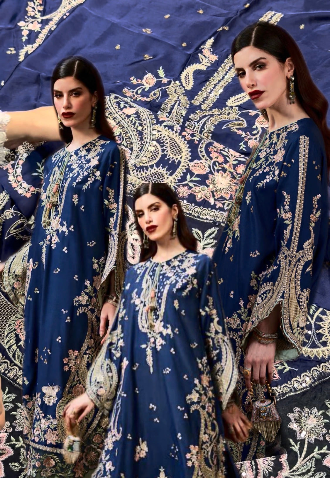 2pcs Sleeves Slit Royal Blue Ethnic
