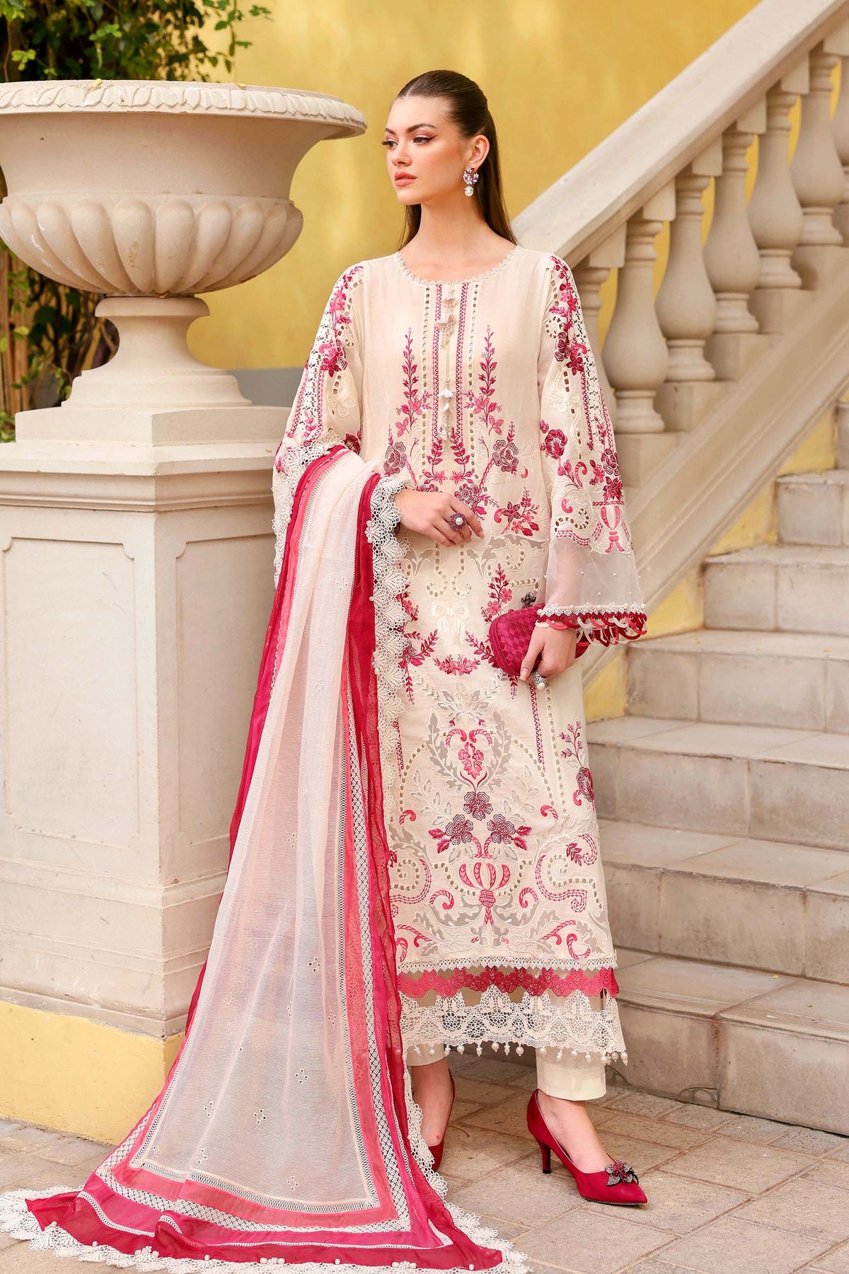 3pcs Dhanak Maria B Offwhite Red Embroidered