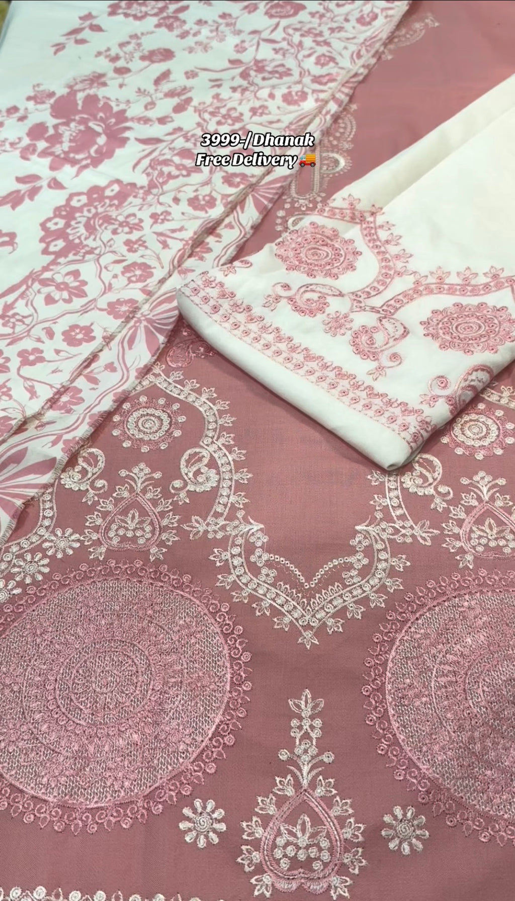 3pcs Dhanak Mohagni Embroidered Baby Pink Offwhite
