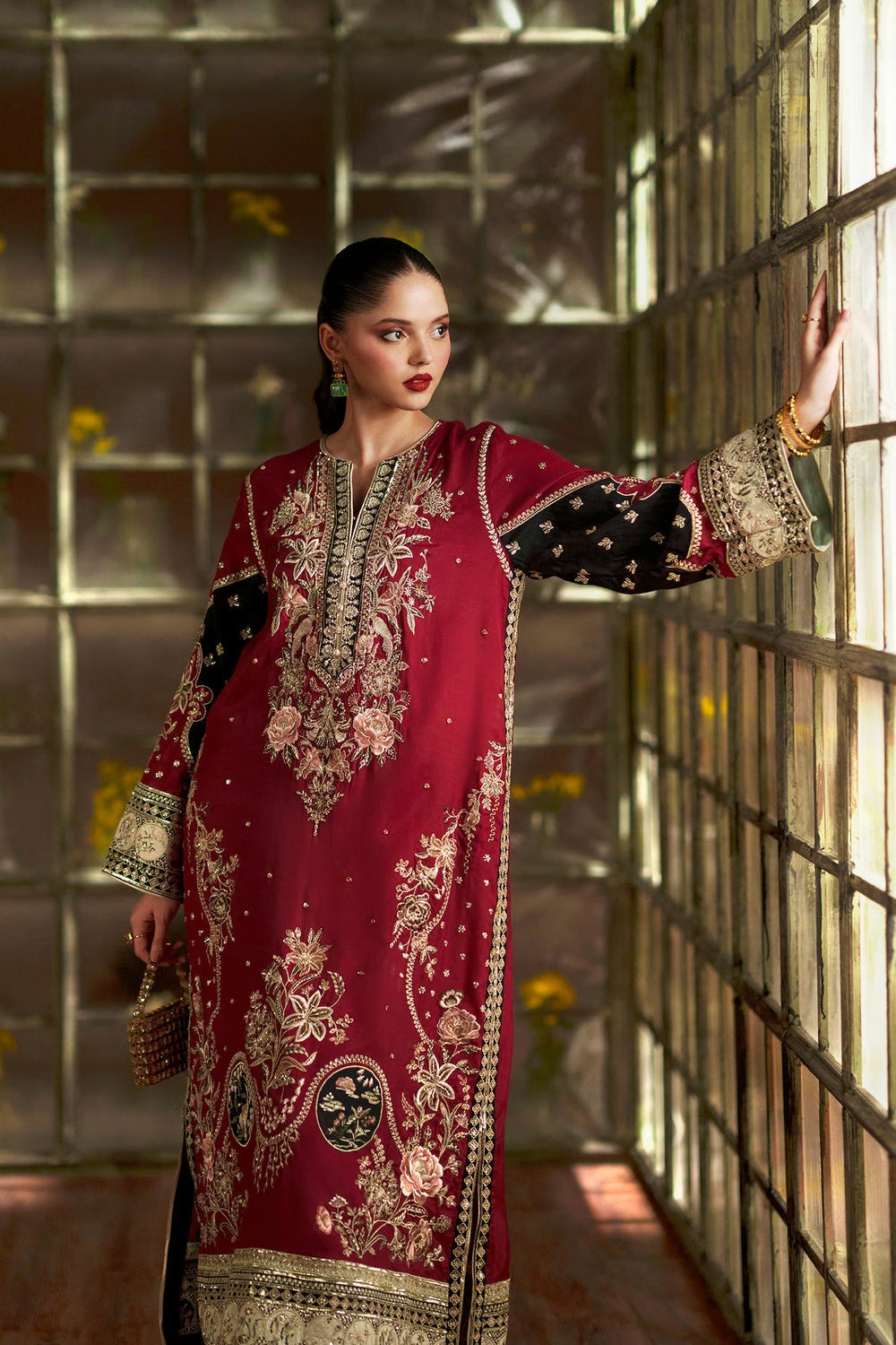 2pcs Red Black Ethnic Long Silk Kaftan