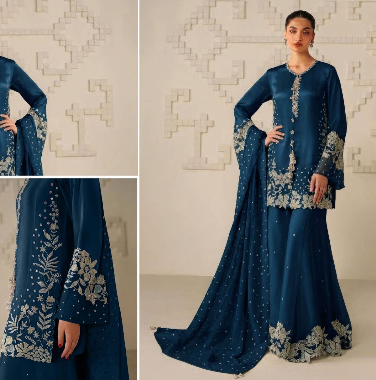 3pcs Velvet Jazmin Zinc Blue Embroidered with silk trouser