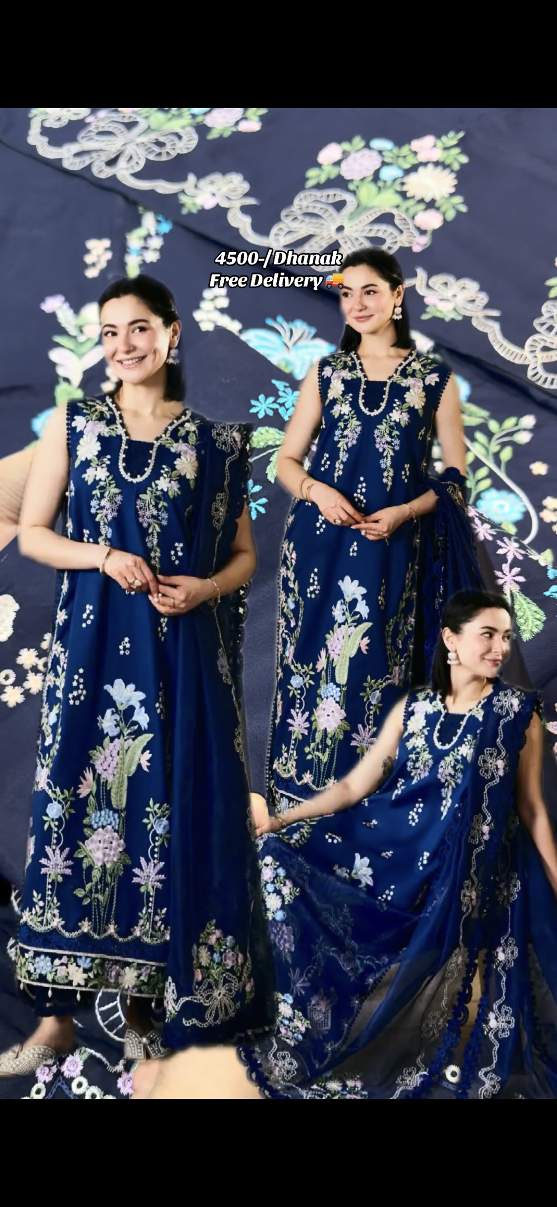 3pcs Maryum And Maria Blue Hania Amir Dhanak Embroidered