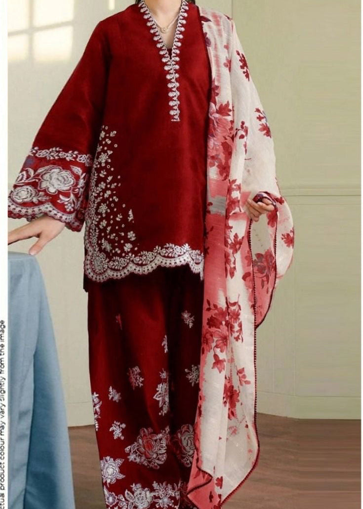 3pcs Embroidery Dhanak Zarashahjhan Mehroon