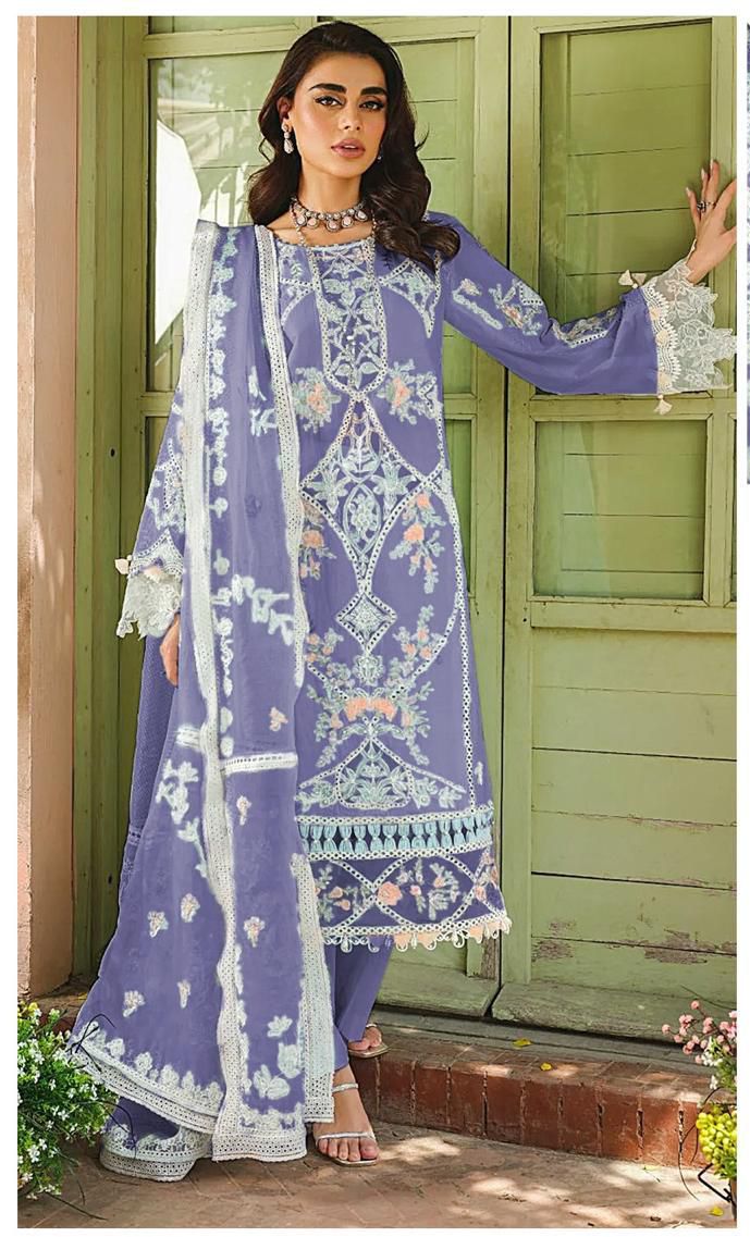 3pcs lawn embroidery maria b lilac white with khaddi net dupata