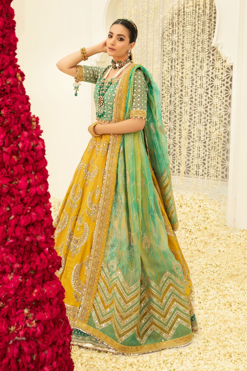 3pcs kattan Silk Maria B Lehnga Maxi Mustard Yellow + Pistachio