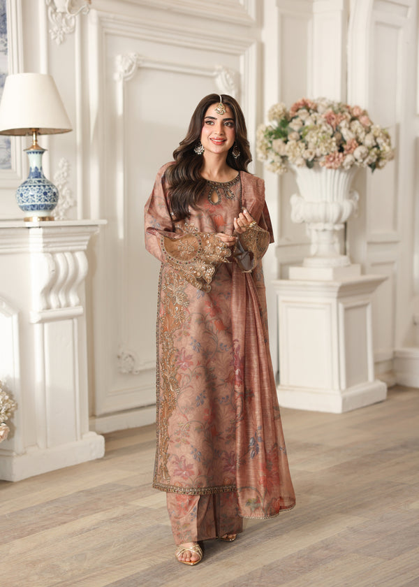 3pcs Baroque Brown Printed Silk With Patches