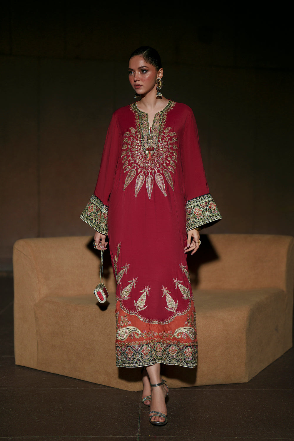 2pcs Mehroon Orange Ethnic Silk