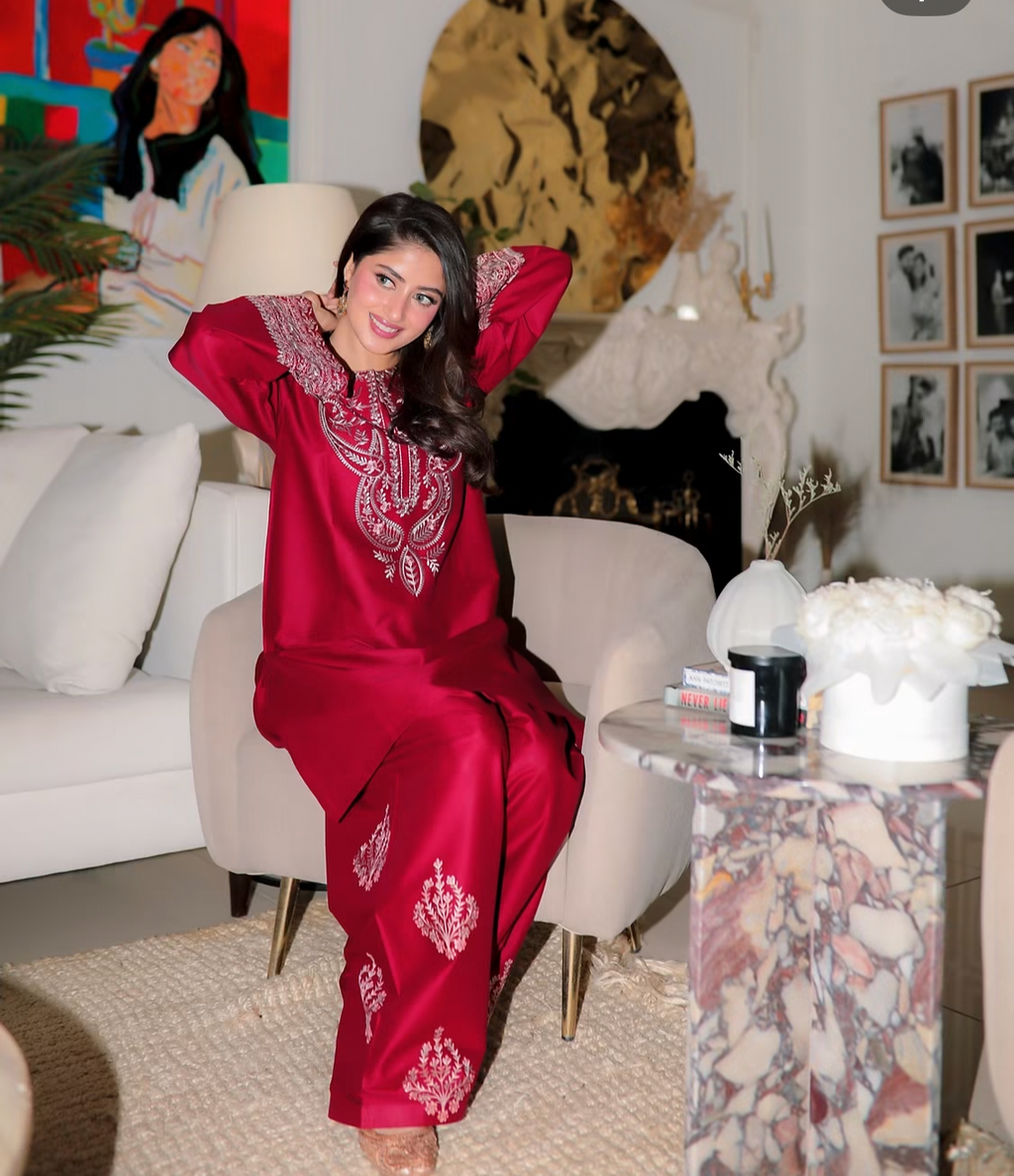 2pcs SajalAli Dhanak Mehroon Embroidered