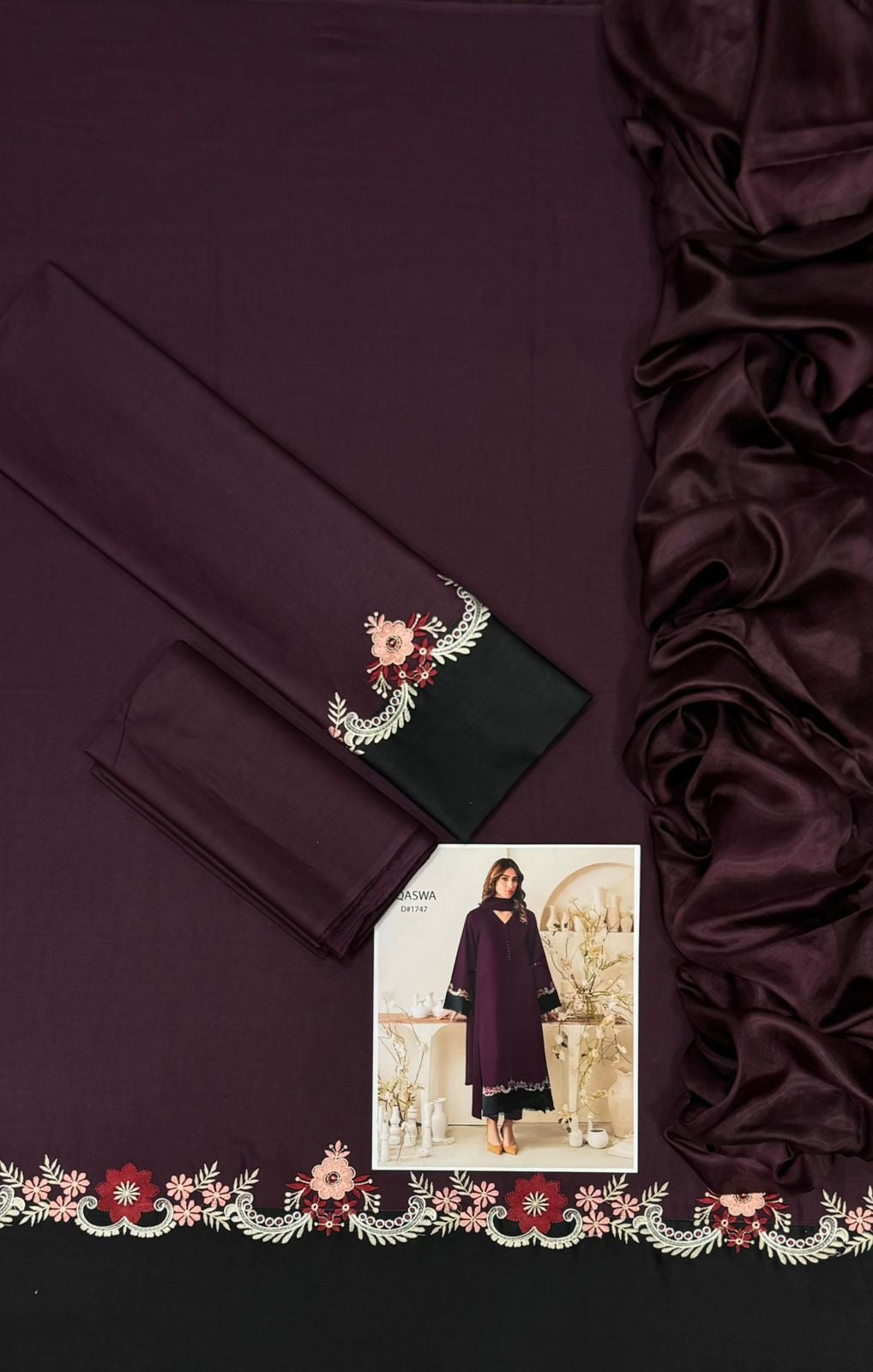 3pcs embroidery dhanak qaswa purple