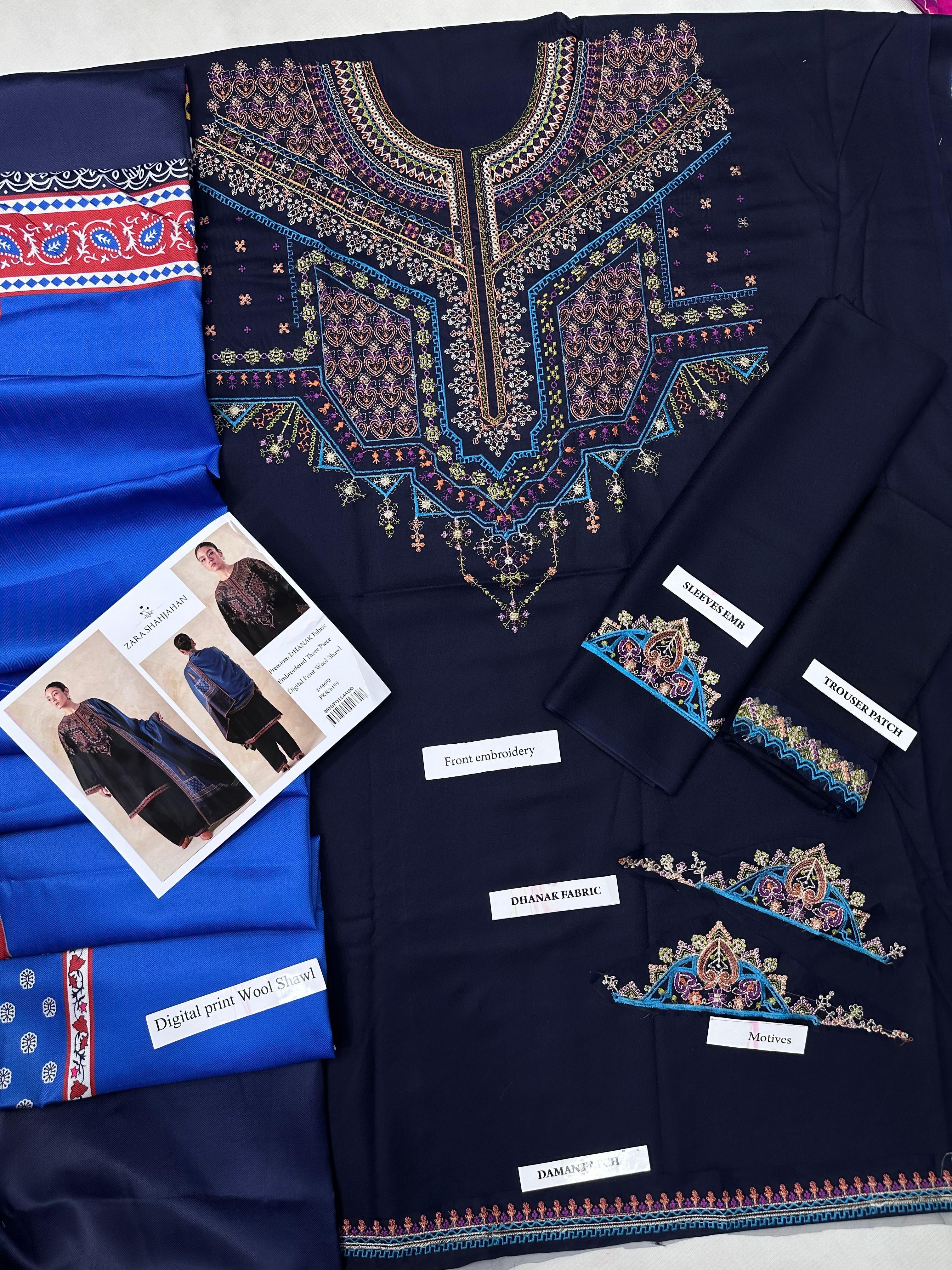 3pcs Zara Shahjhan blue multi Dhanak embroidered