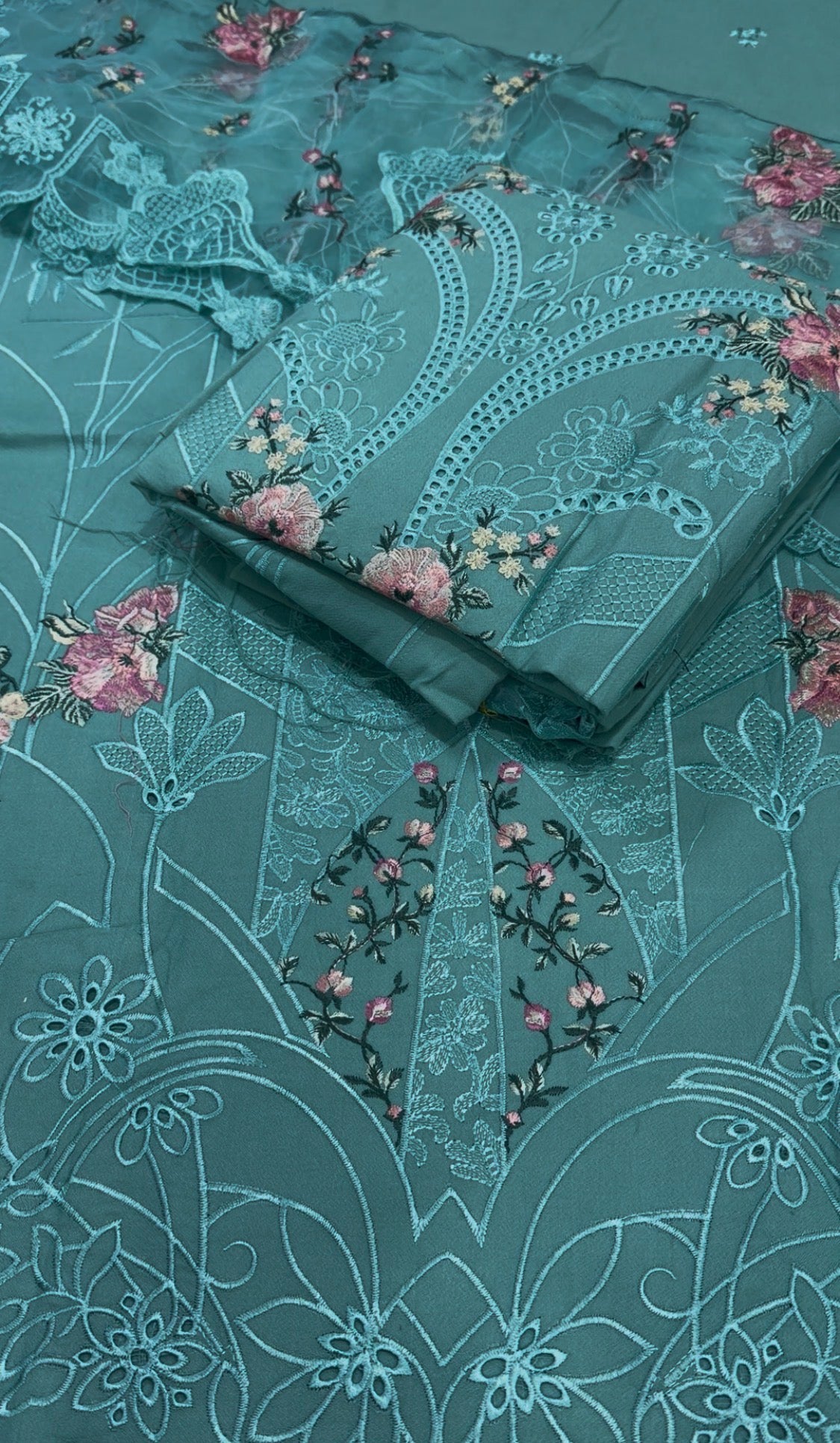 3pcs Elaf Light Sea Green Embroidered Dhanak