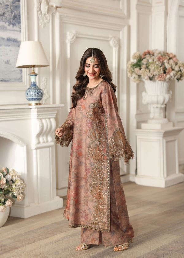 3pcs Baroque Brown Printed Silk With Patches
