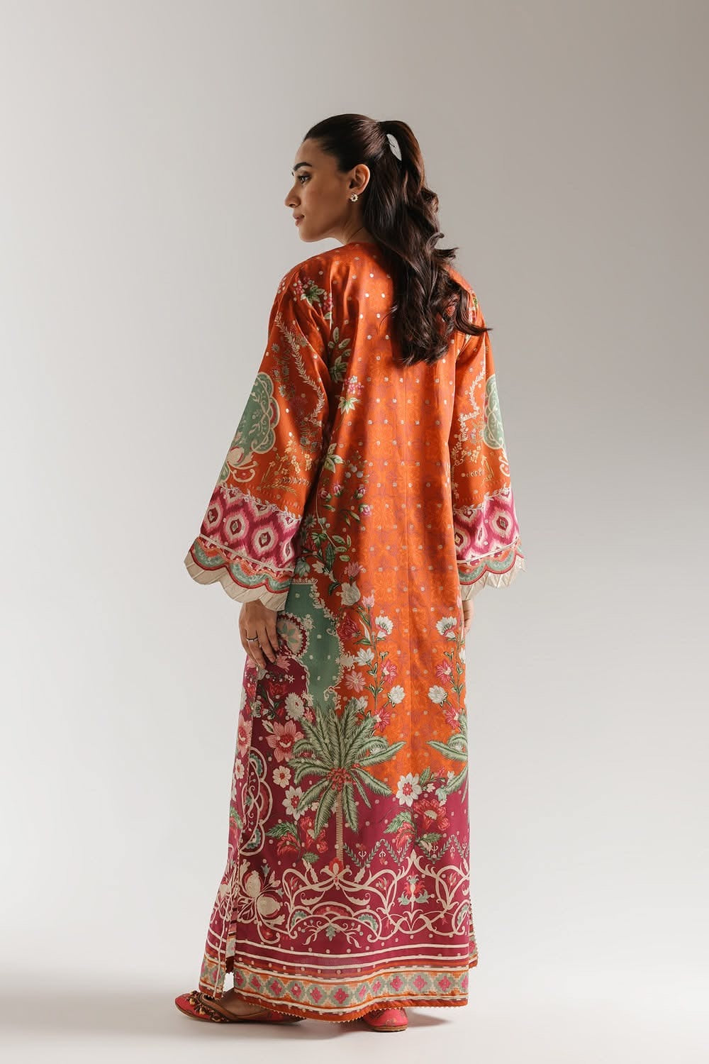 2pcs Ethnic Orange Multi Silk Printed Long Kaftan