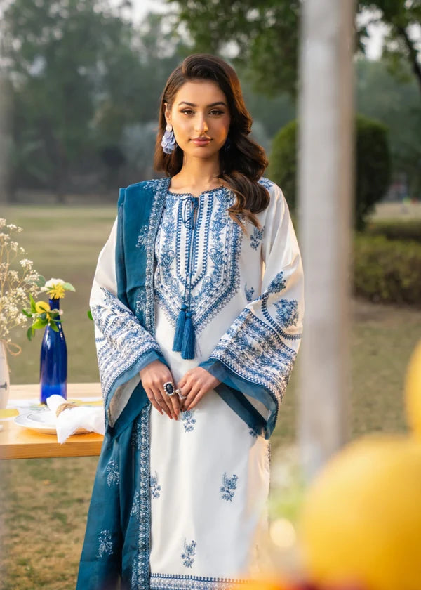 3pcs Parishy White Royal Blue Embroidered Dhanak Winter