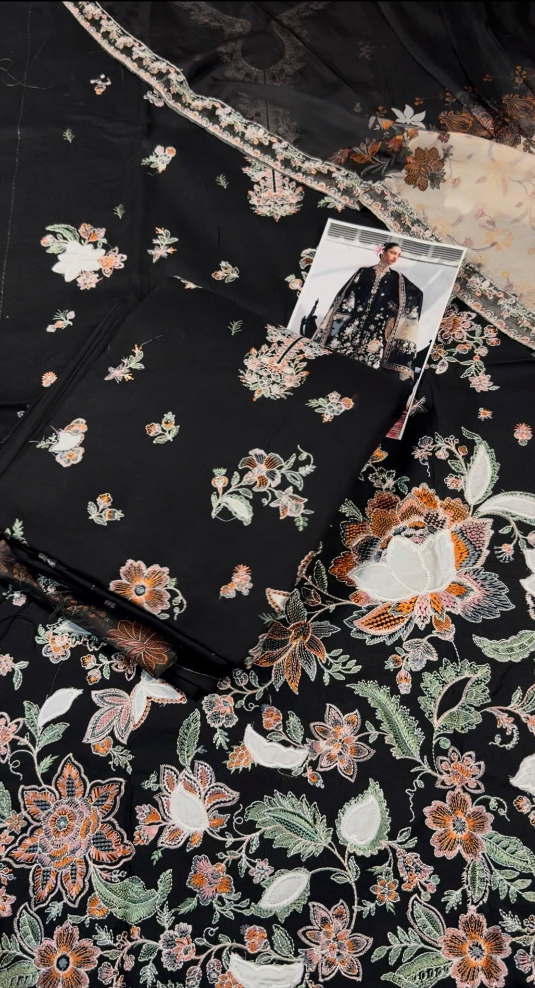 3pcs Dhanak Hussian Rehar Black With silk applic