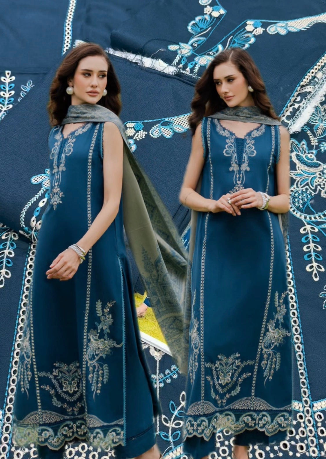 3pcs Yard Royal Blue Embroidered Dhanak