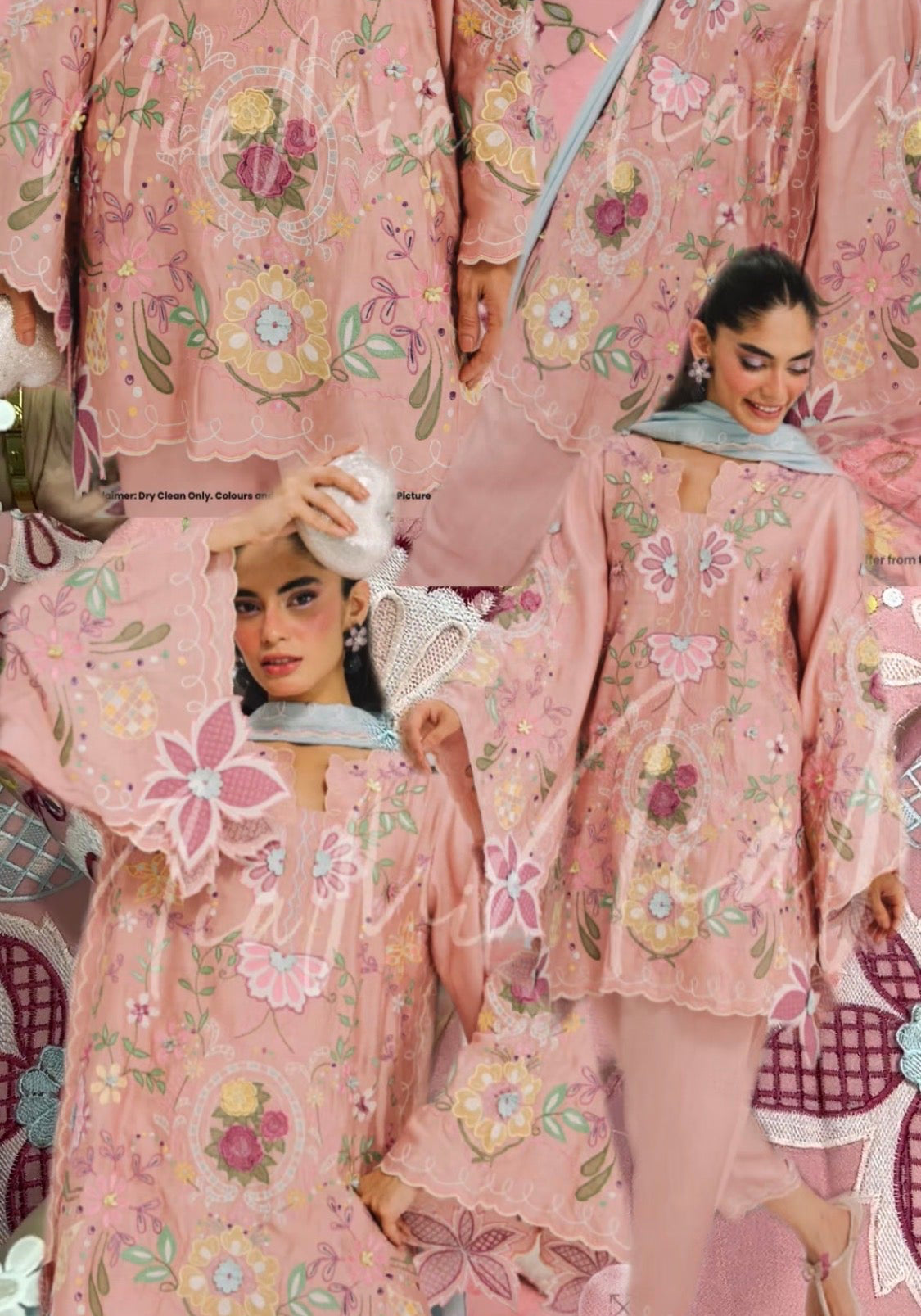 3pcs Dhanak NiaMian Babypink Embroidered