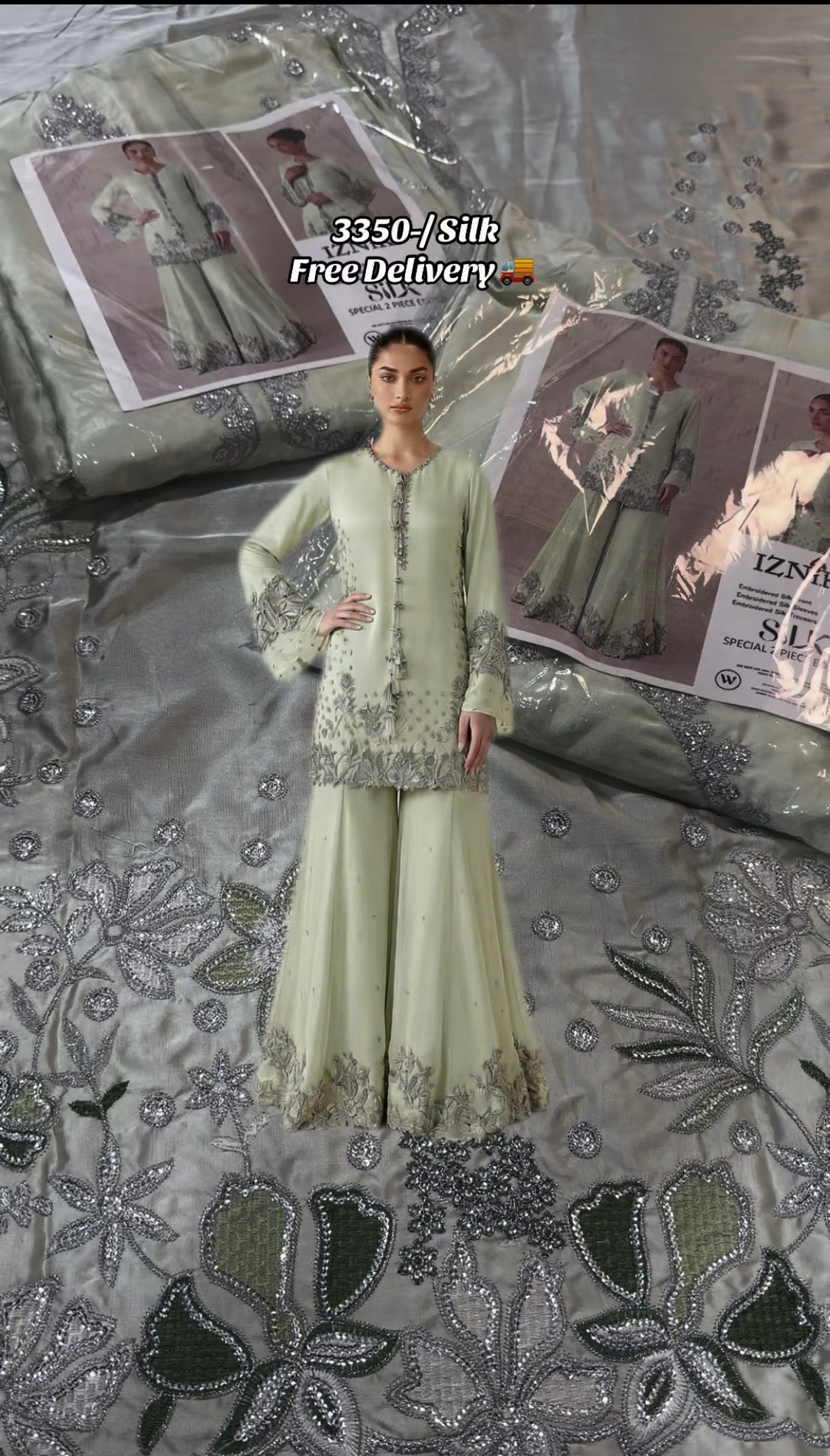 2pcs Silk Iznik Pistachio Sequence Embroidered