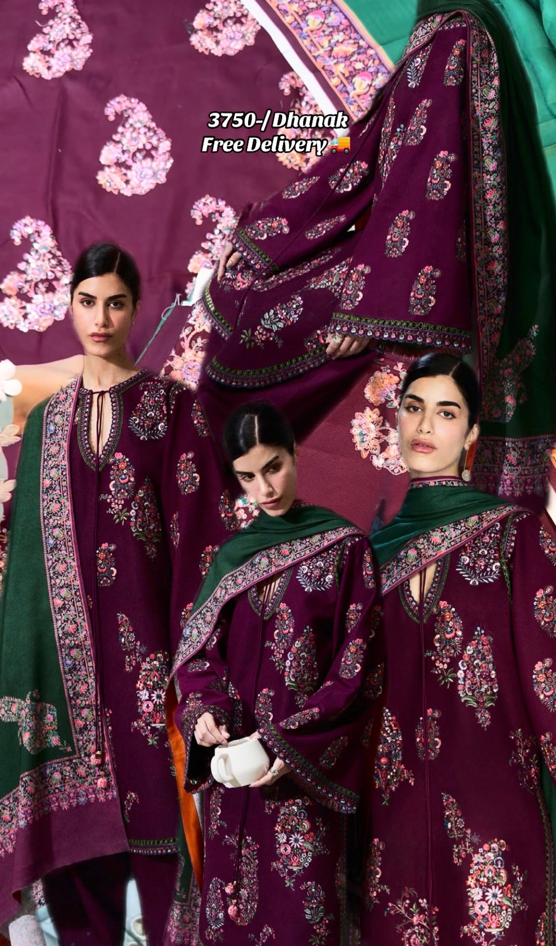 3pcs Dhanak Batik Plum Embroidered