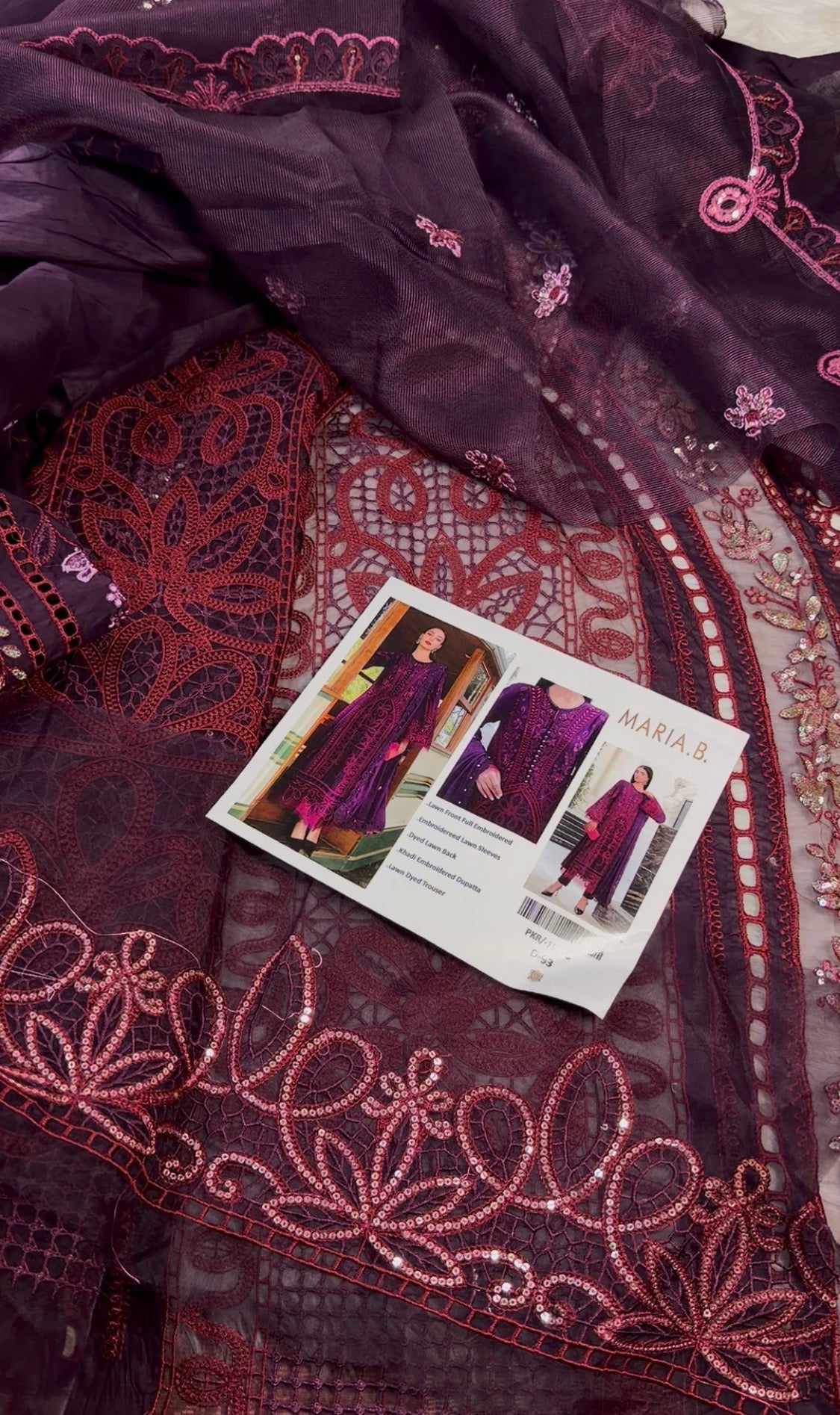 3pcs Maria B plum Applic lawn
