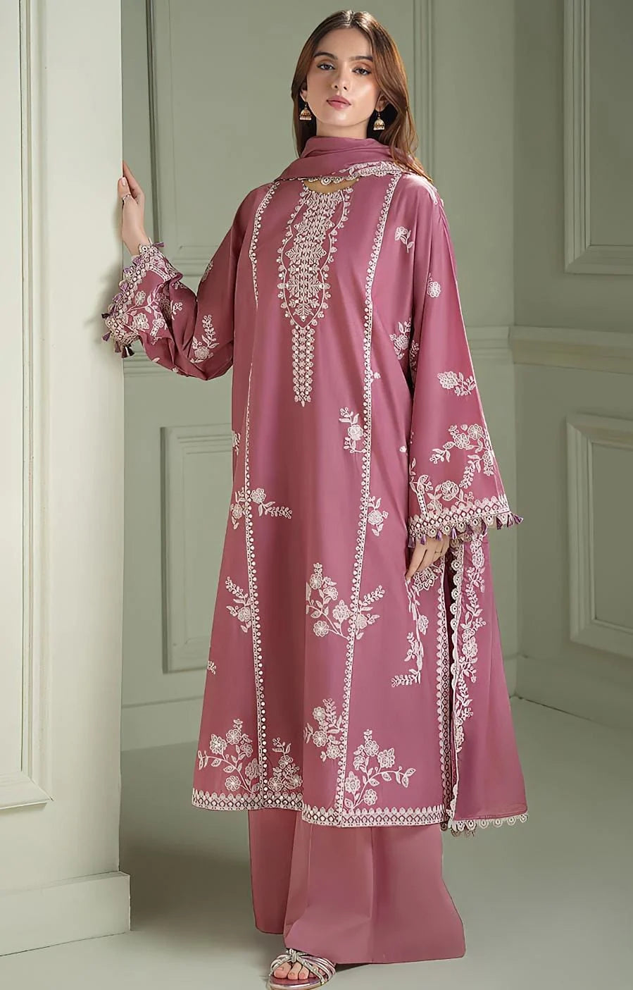 3pcs Crosstich Pink With White Embroidered Dhanak