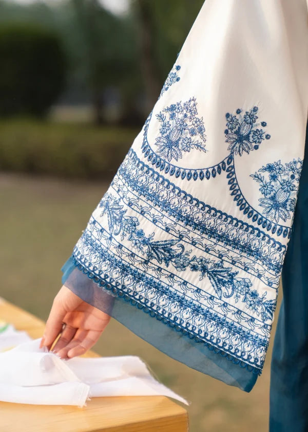 3pcs Parishy White Royal Blue Embroidered Dhanak Winter
