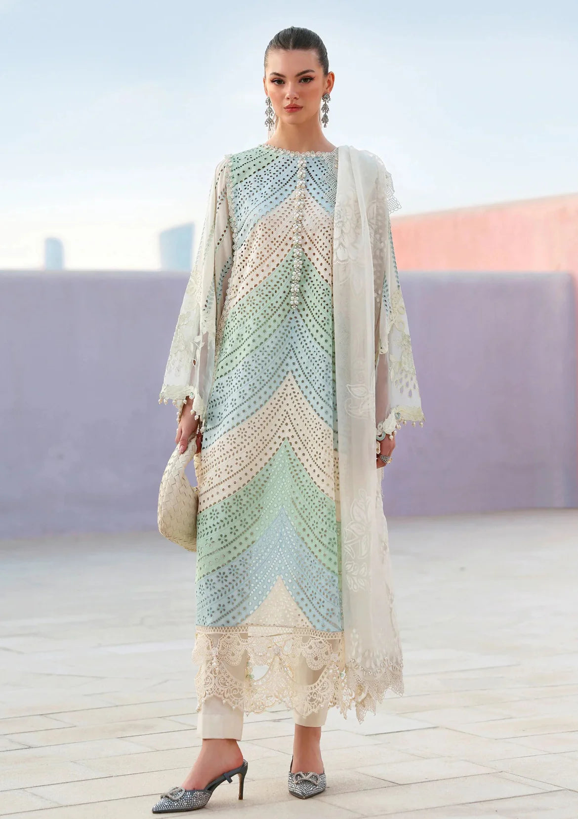 3pcs Maria B White Sky Rainbow lawn