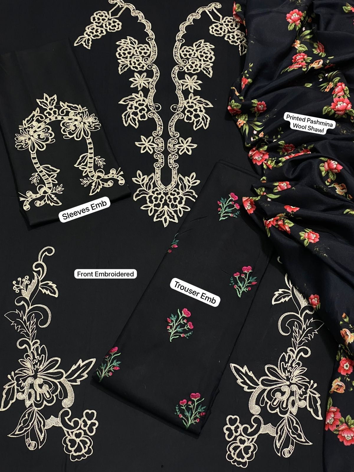 3pcs Iznik Black Embroidered dhanak