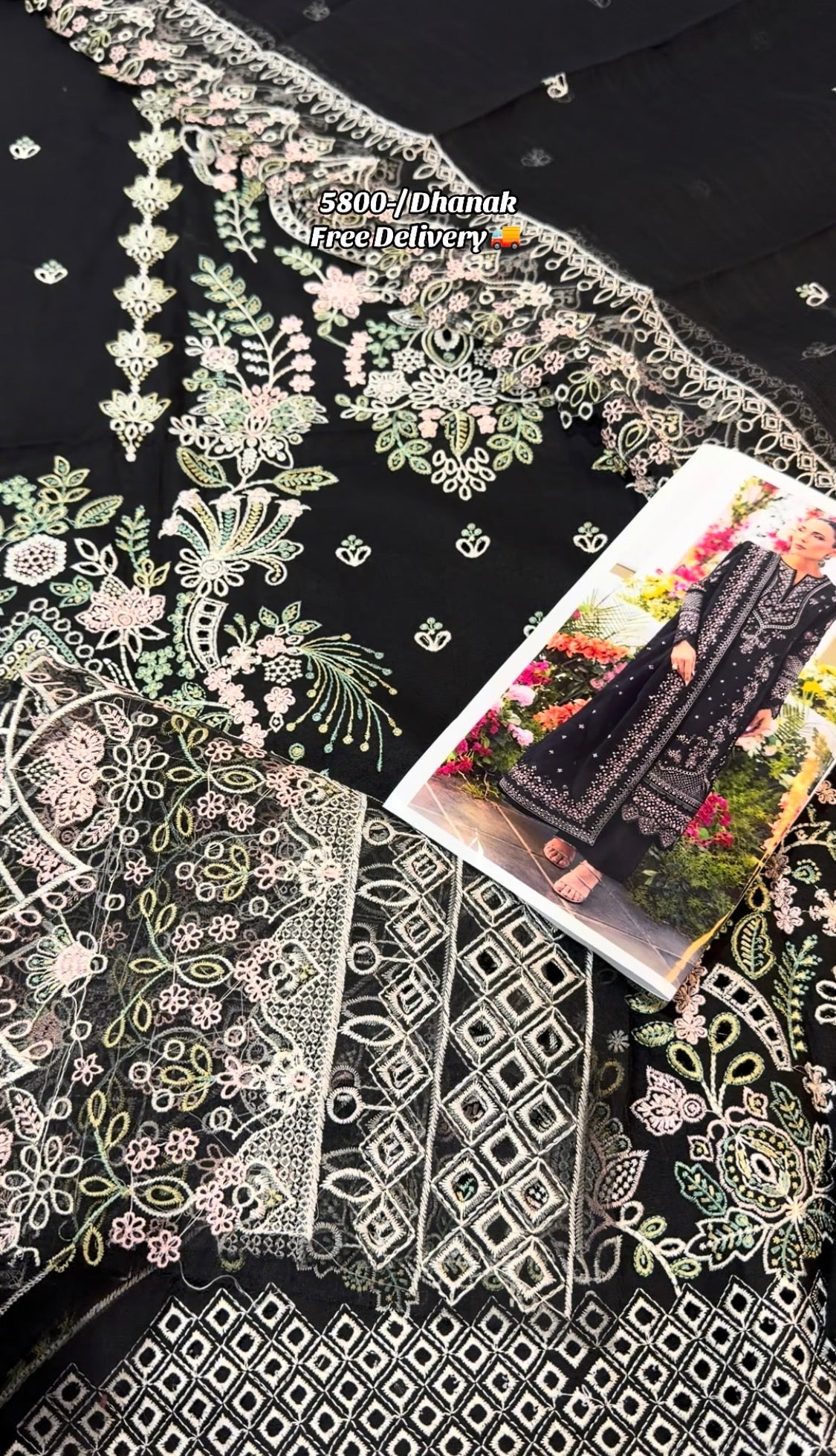 3pcs Akbar Aslam Black Embroidered Dhanak
