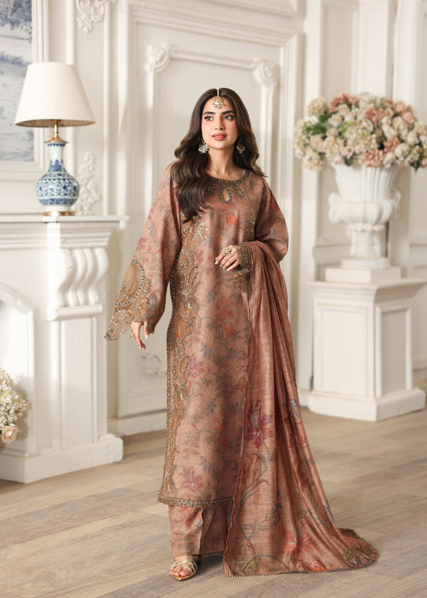 3pcs Baroque Brown Printed Silk With Patches